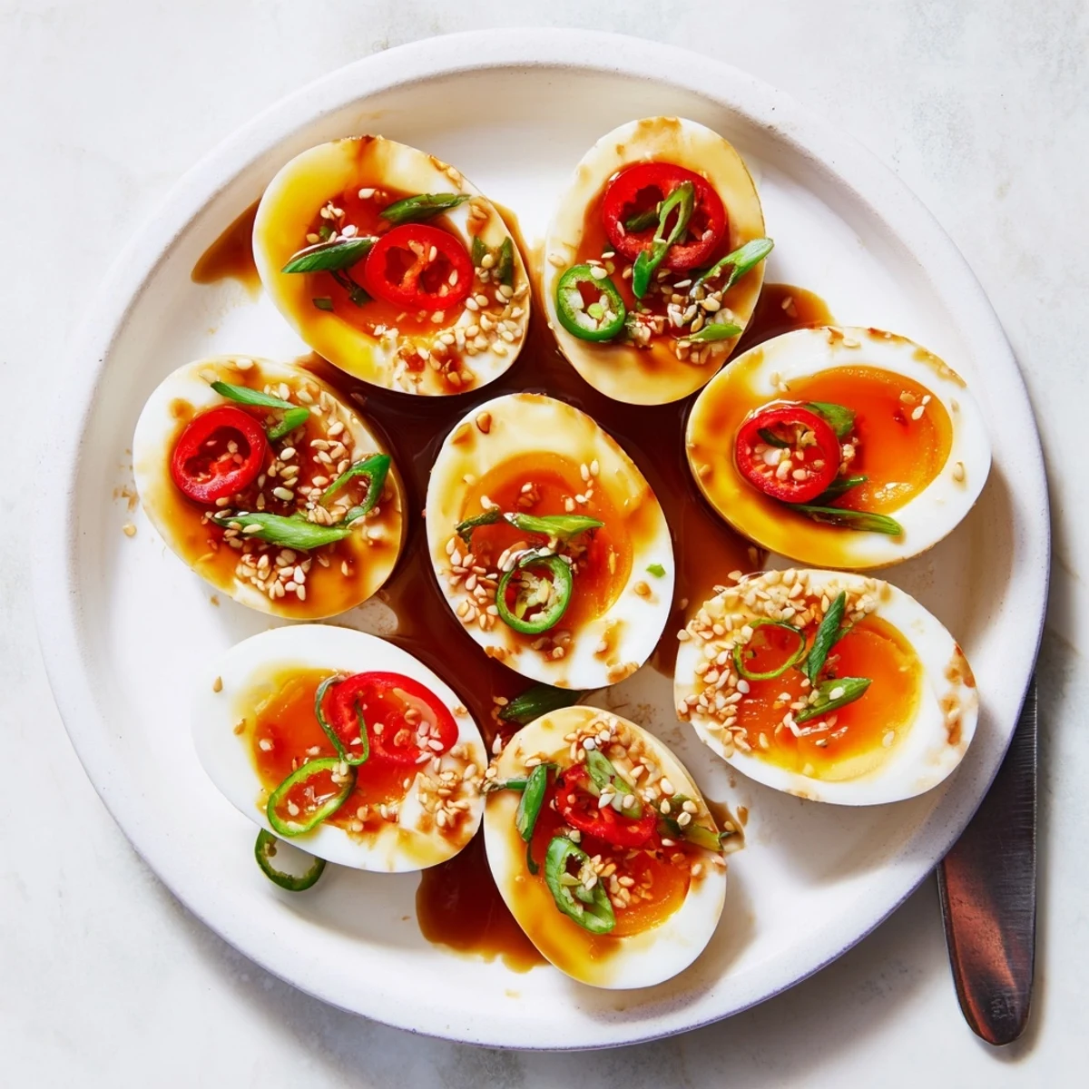Soft-boiled Korean Marinated Eggs halved to reveal jammy yolks, garnished with garlic and sesame, ready for an easy weeknight meal.
