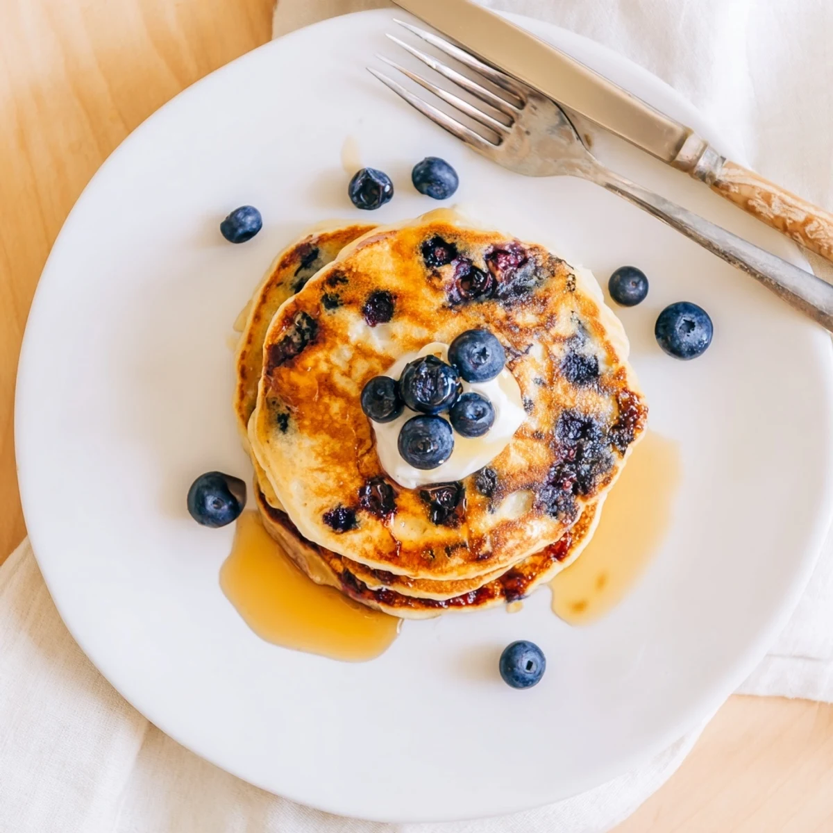 Stack of Fluffy Greek Yogurt Blueberry Pancakes topped with syrup and fresh blueberries on a plate.  