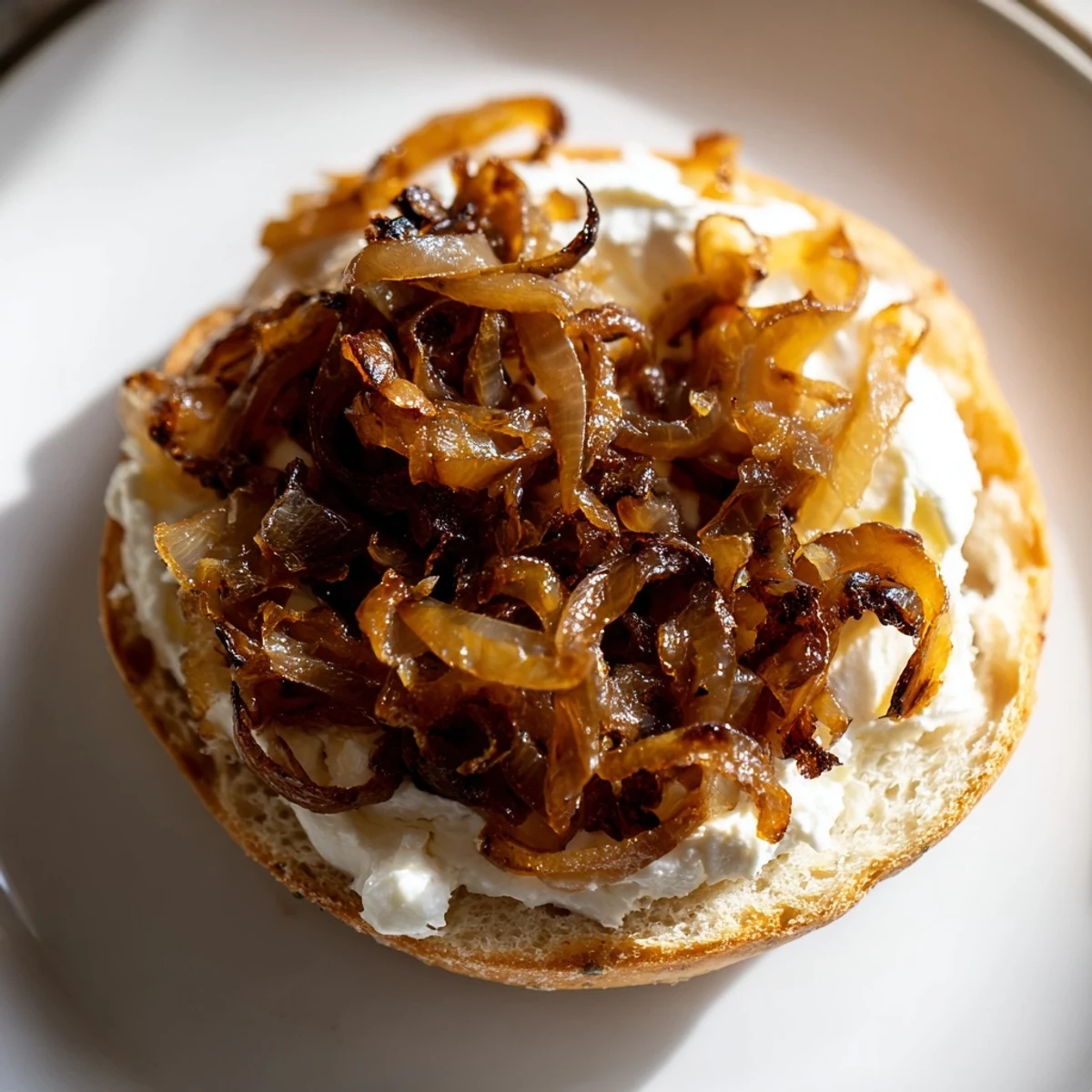 Toasted Sourdough Onion Bagels on a white plate, showing the soft crumb and savory caramelized onion garnish.