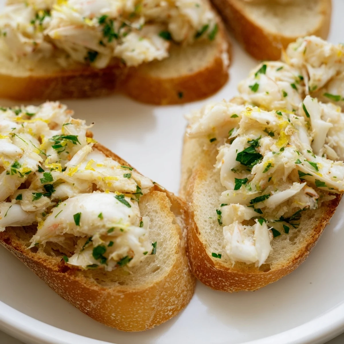 Golden garlic butter crab toasts glistening with lemon and herbs on a serving platter.
