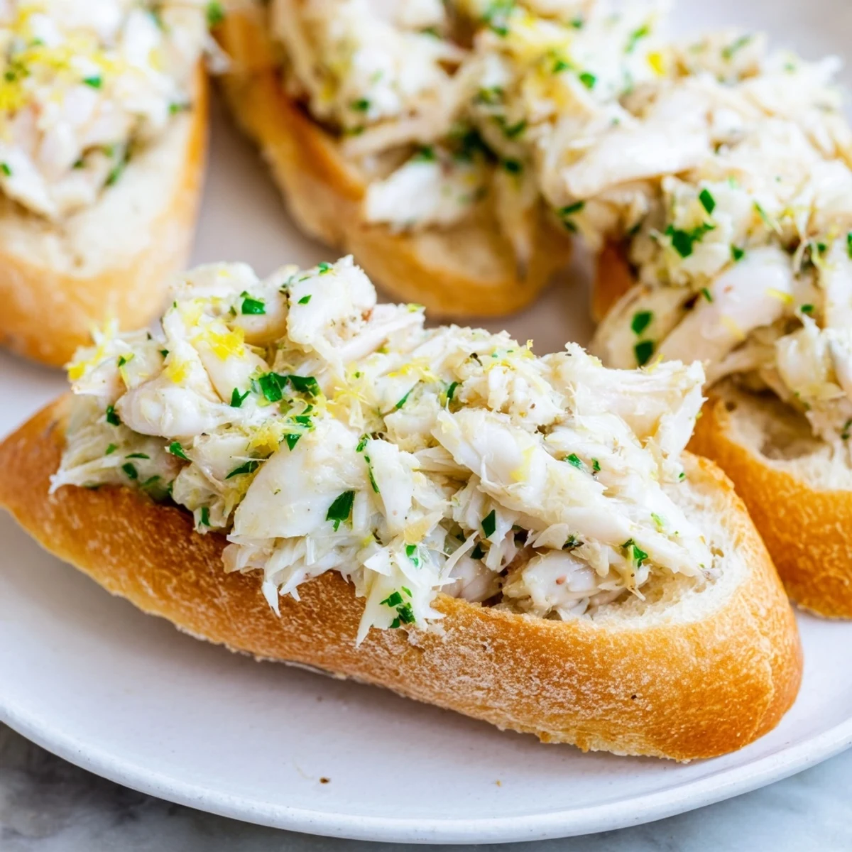 Buttery toasted baguette slices piled high with succulent lump crab meat and fresh chives.