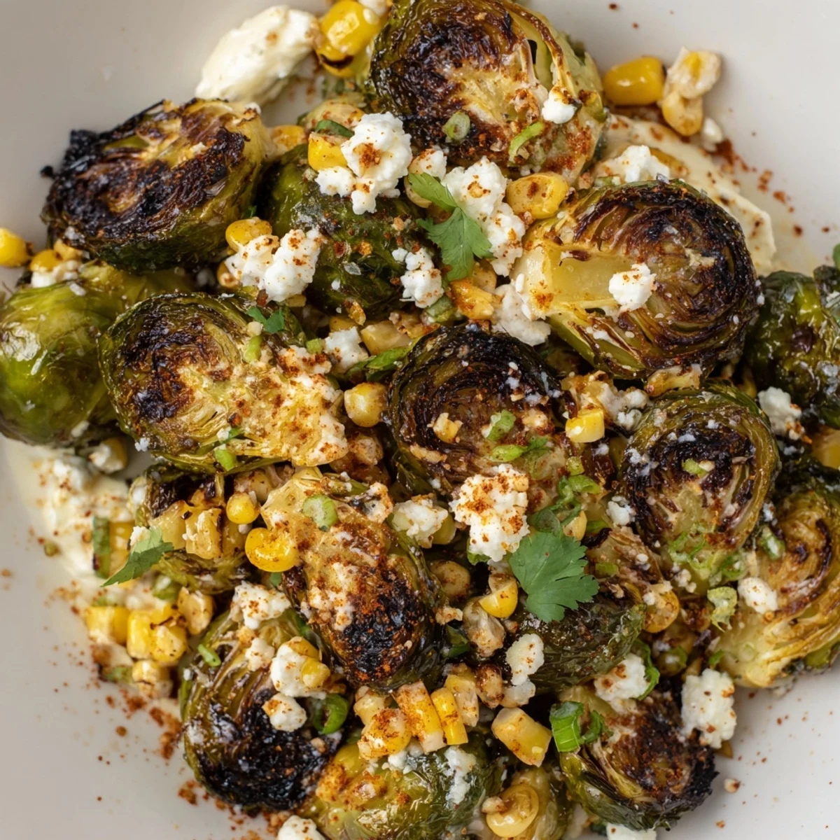 Golden roasted Brussels sprouts and charred corn kernels tossed with a creamy, spicy Mexican street corn dressing on a serving platter.
