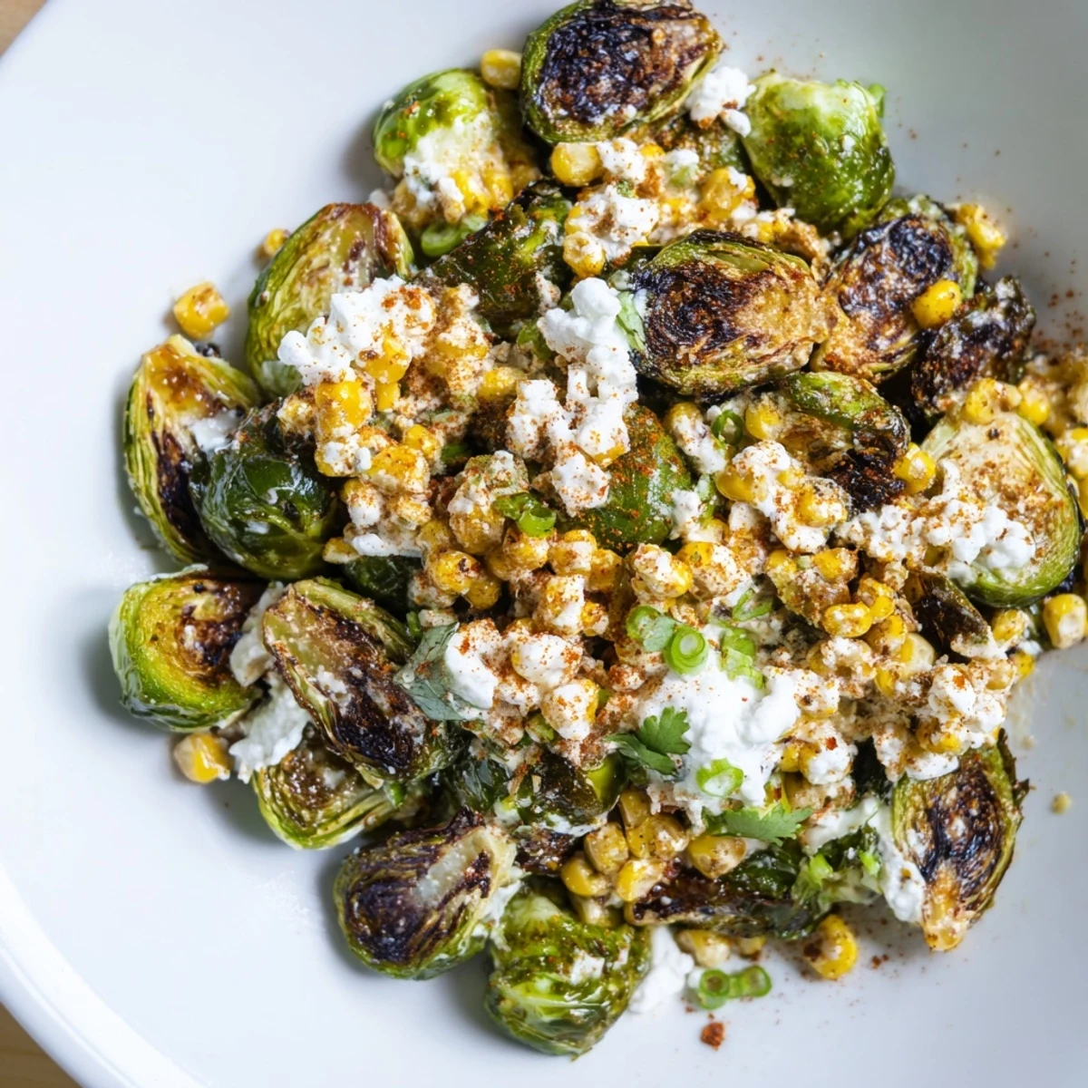 A close-up view of glazed Mexican Street Corn Brussels Sprouts with chili powder and smoky paprika, ready to be enjoyed warm.