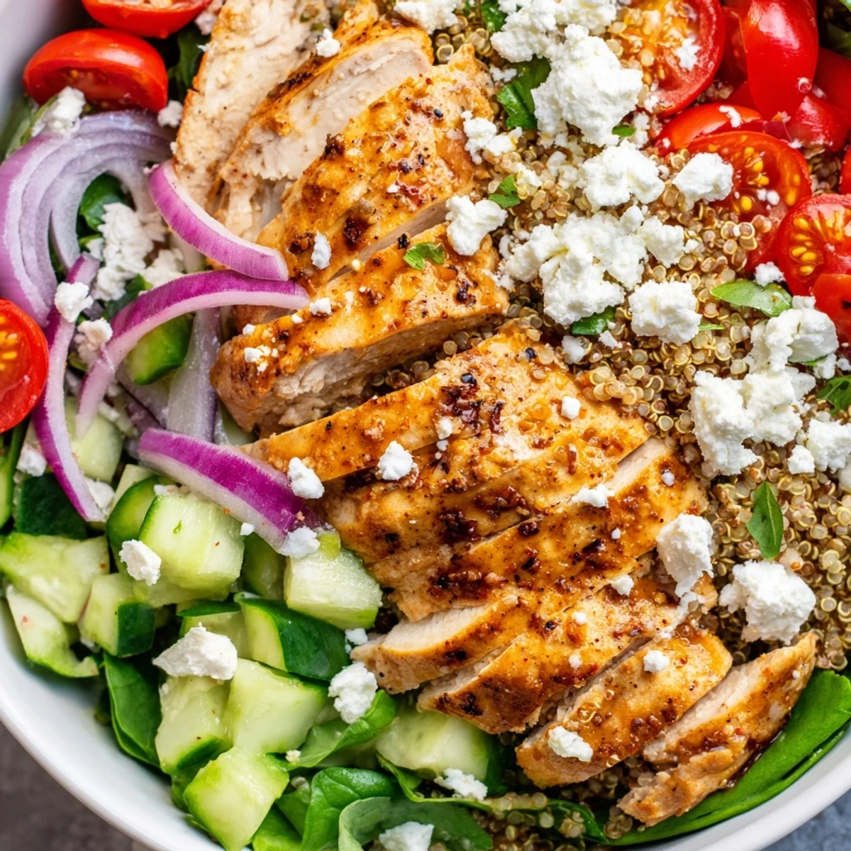 Easy High-Protein Chicken & Quinoa Bowl topped with crumbled feta and parsley, served as a vibrant gluten-free meal prep lunch.  
