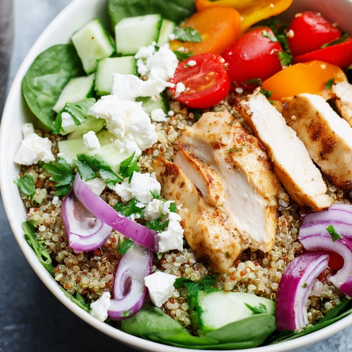 Warm quinoa and golden seared chicken mixed with crisp red bell pepper and spinach in this satisfying Easy High-Protein Chicken & Quinoa Bowl.