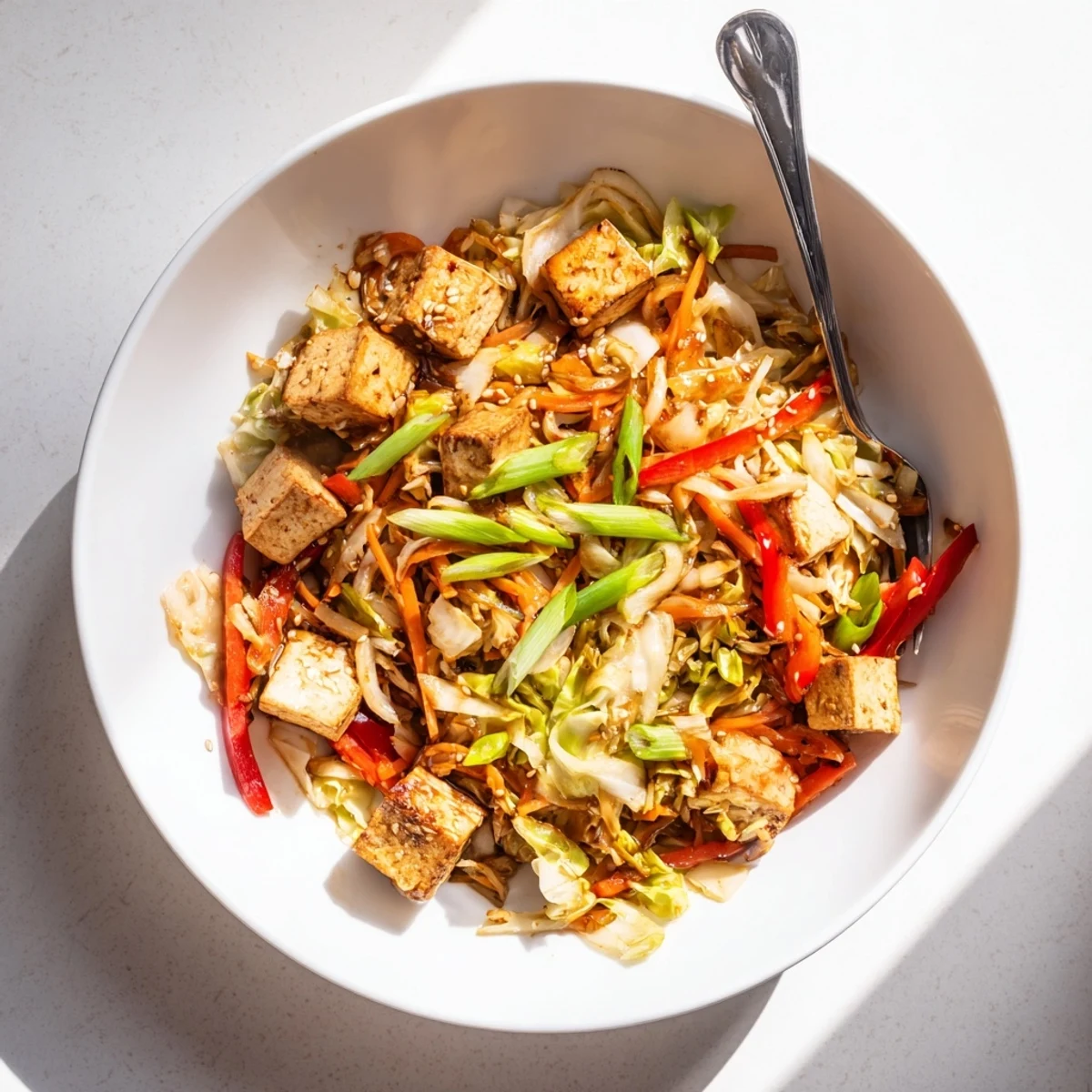 A close-up of Stir Fried Tofu and Cabbage with steam rising, garnished with fresh green onions and a side of steamed rice.