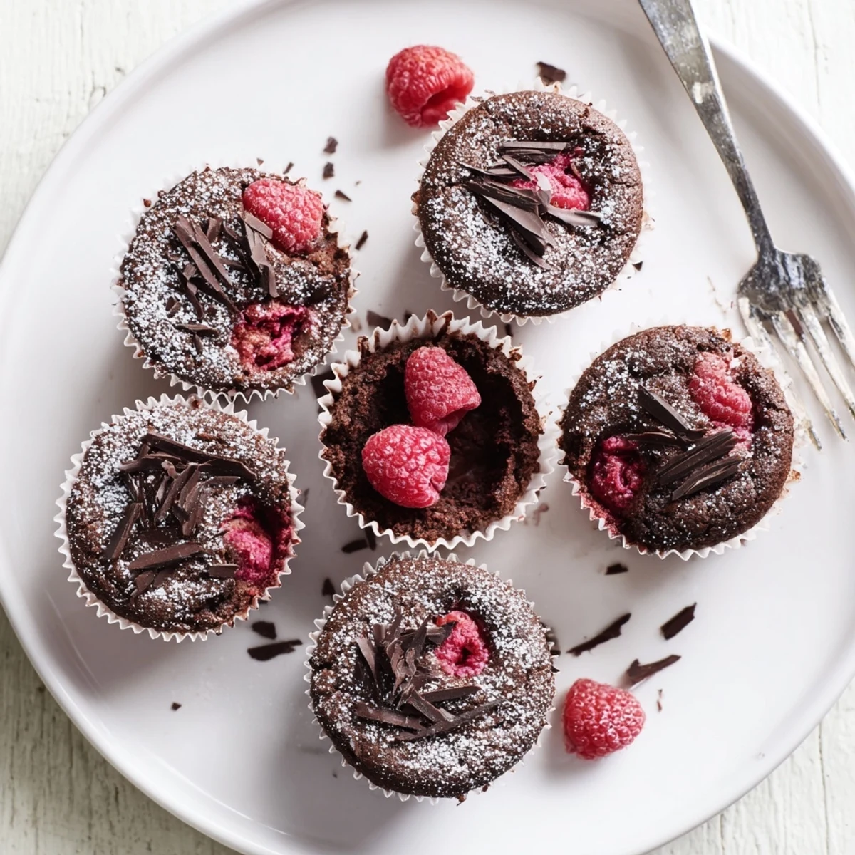 Twelve warm Raspberry Chocolate Lava Cupcakes are displayed on a cooling rack with chocolate shavings and fresh raspberries.