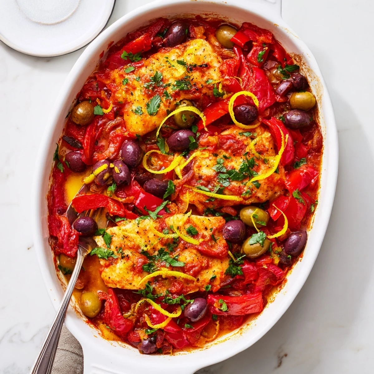 Fragrant tomato sauce with olives and capers bakes around flaky Mediterranean Baked Cod fillets.