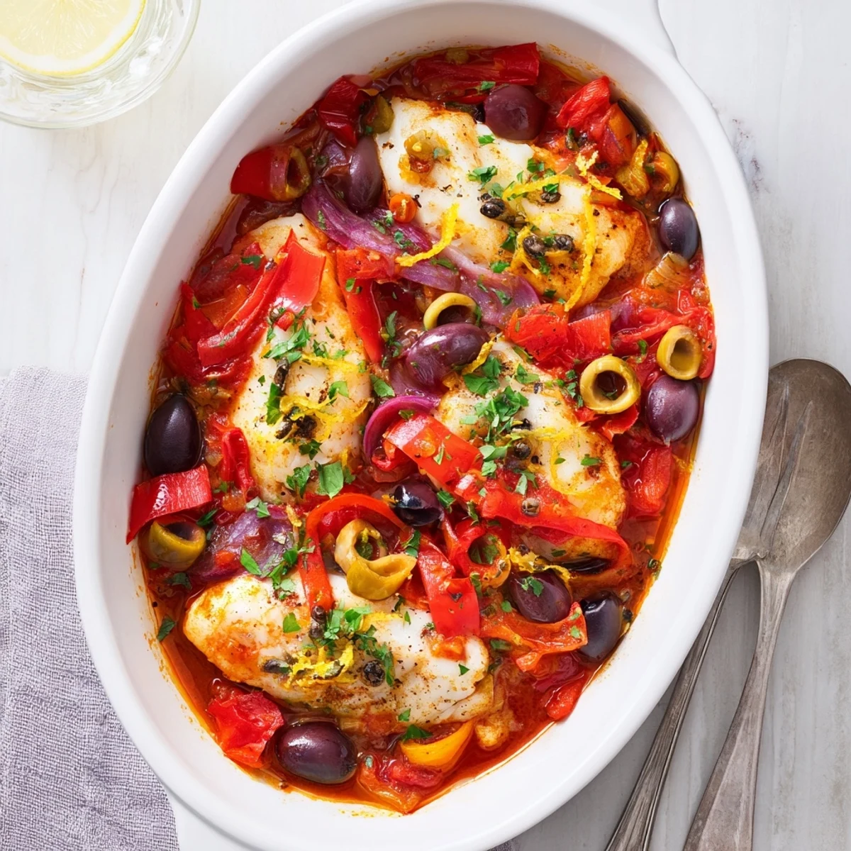 Serve Mediterranean Baked Cod with crusty bread to soak up the savory juices.