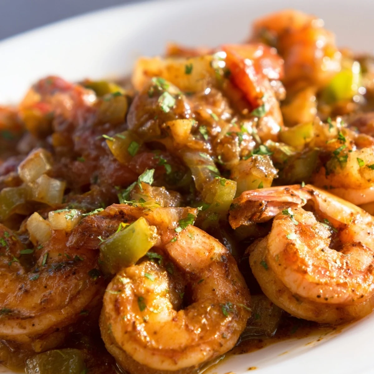 Plump pink Bubba Gump Shrimp New Orleans simmering in a rich, zesty Cajun sauce in a skillet.