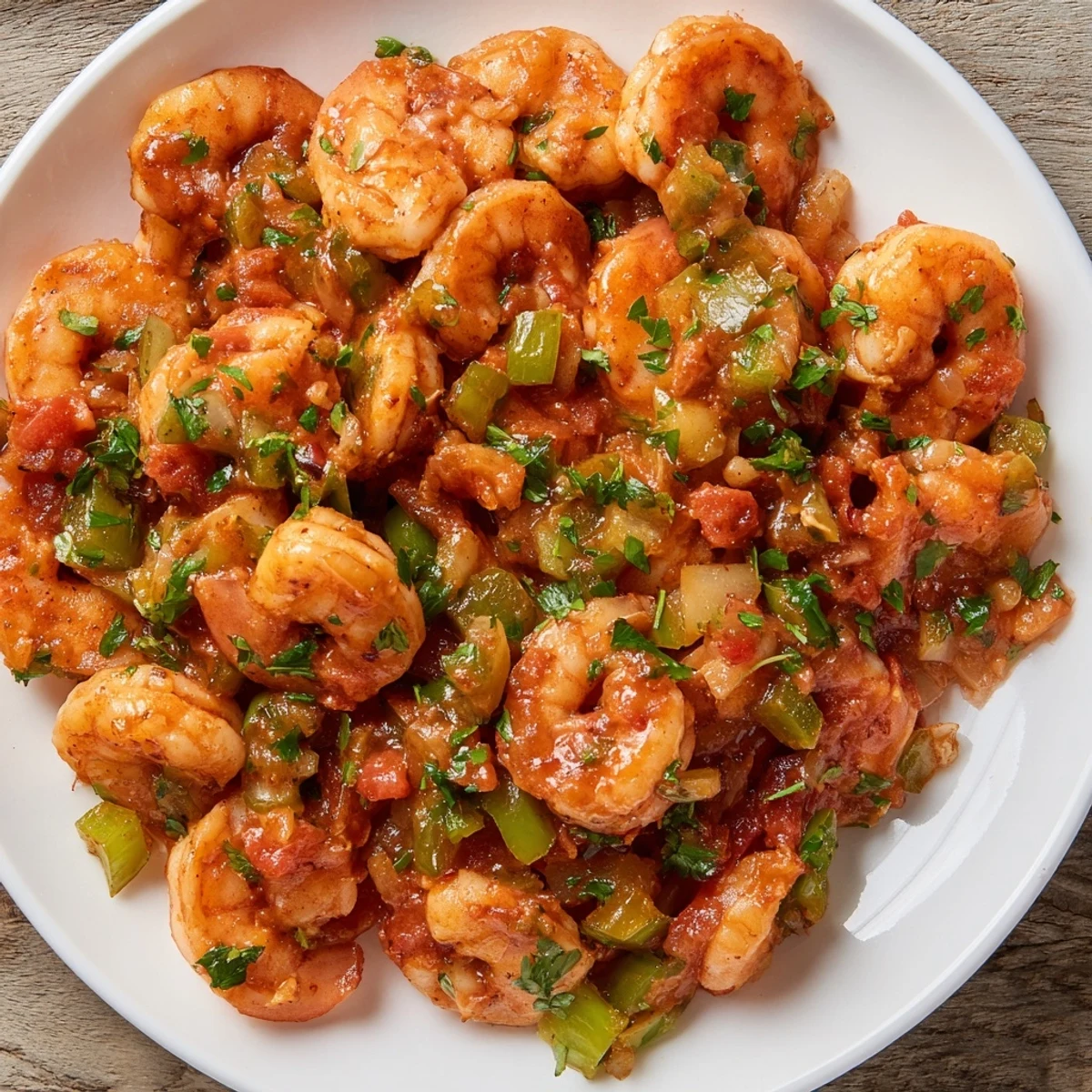 A close-up of tender Bubba Gump Shrimp New Orleans tossed with colorful bell peppers and aromatic herbs.