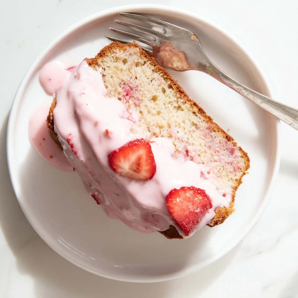 A slice of moist Strawberry Milkshake Pound Cake with a creamy pink glaze drizzled over fresh berries and a glass of milk.