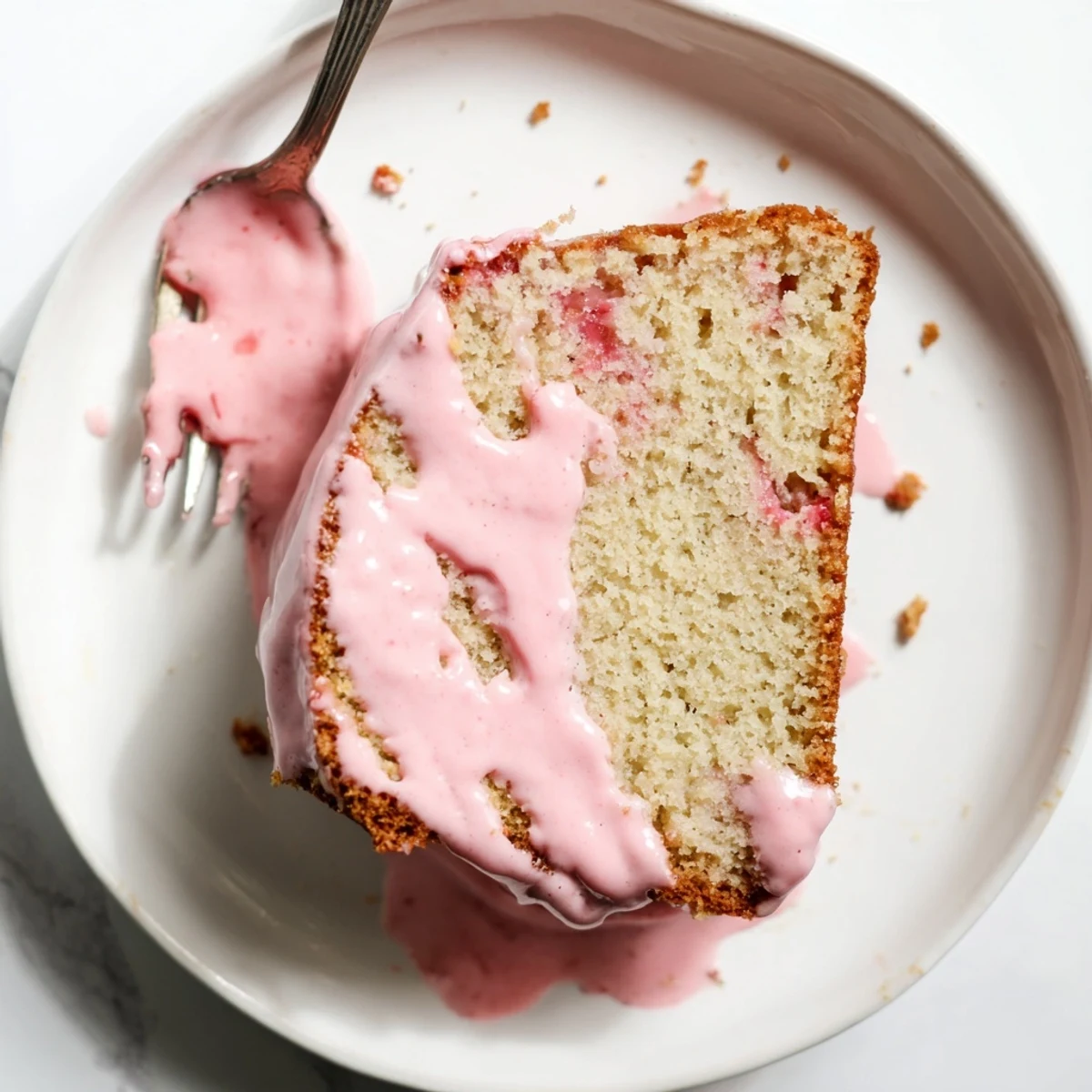 Golden brown Strawberry Milkshake Pound Cake cooling on a wire rack, with a bowl of strawberry glaze ready to pour.