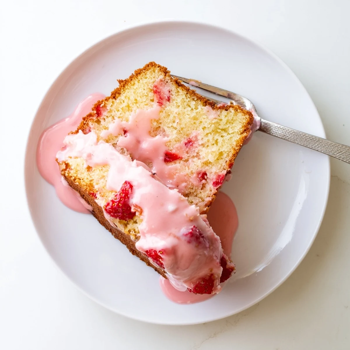 Indulgent Strawberry Milkshake Pound Cake served on a vintage plate, topped with a dollop of whipped cream and a fresh strawberry.