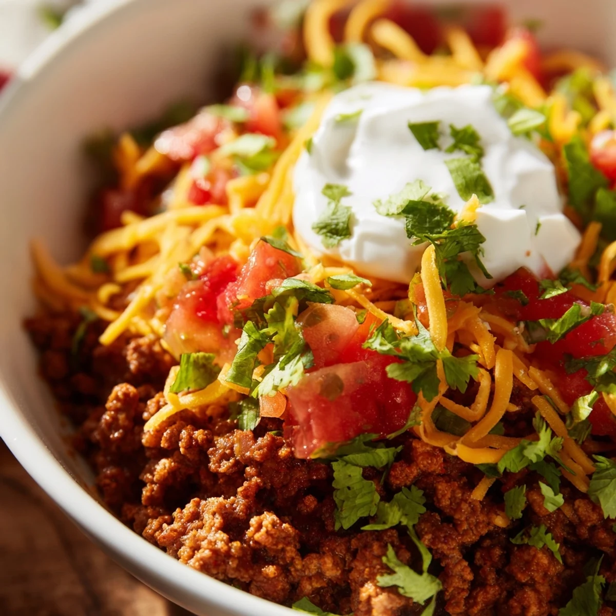 A vibrant Low Carb Burrito Bowl with lettuce, cilantro, and lime wedges ready to serve on a wooden table.