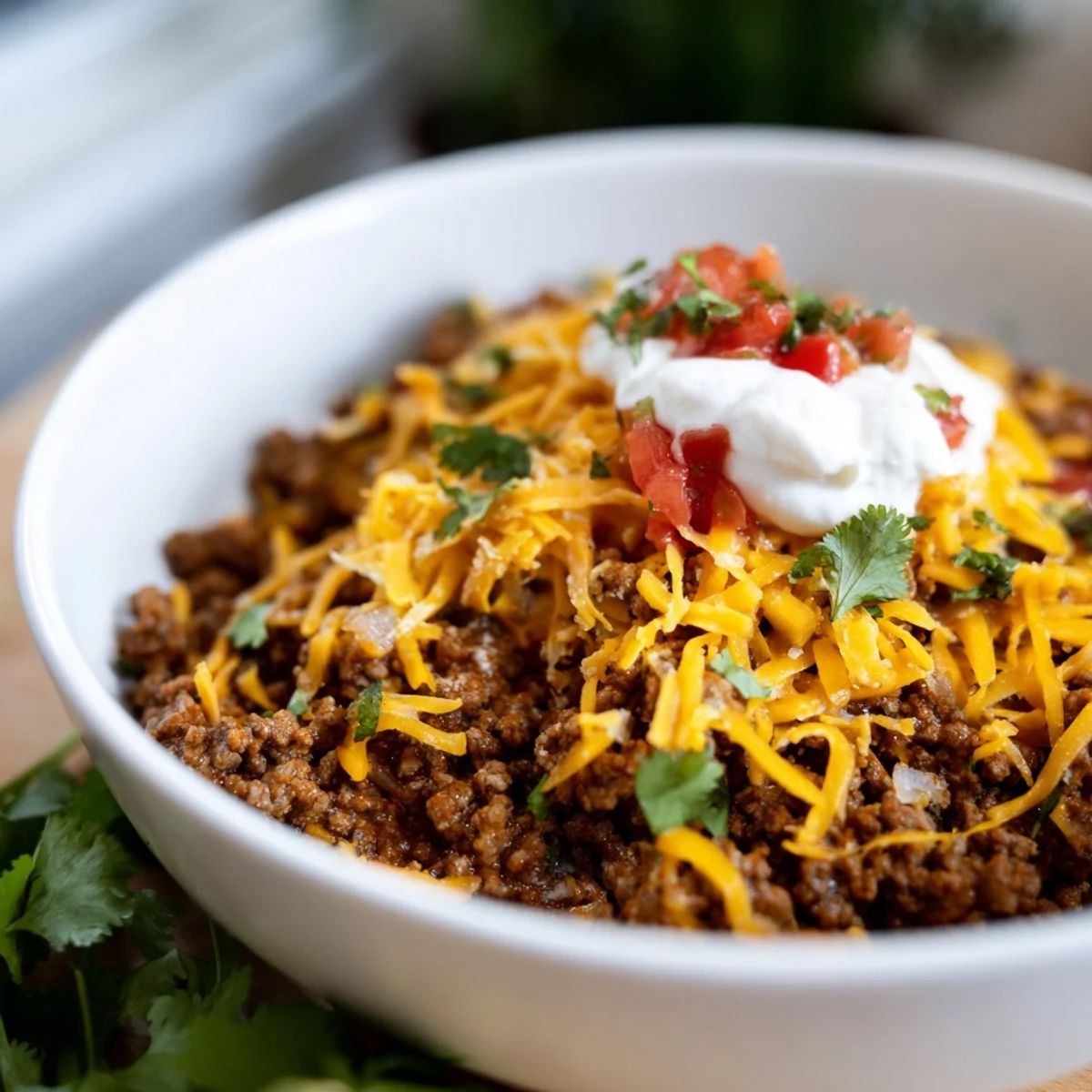 Freshly cooked seasoned ground beef with diced avocado and cherry tomatoes for a Low Carb Burrito Bowl.