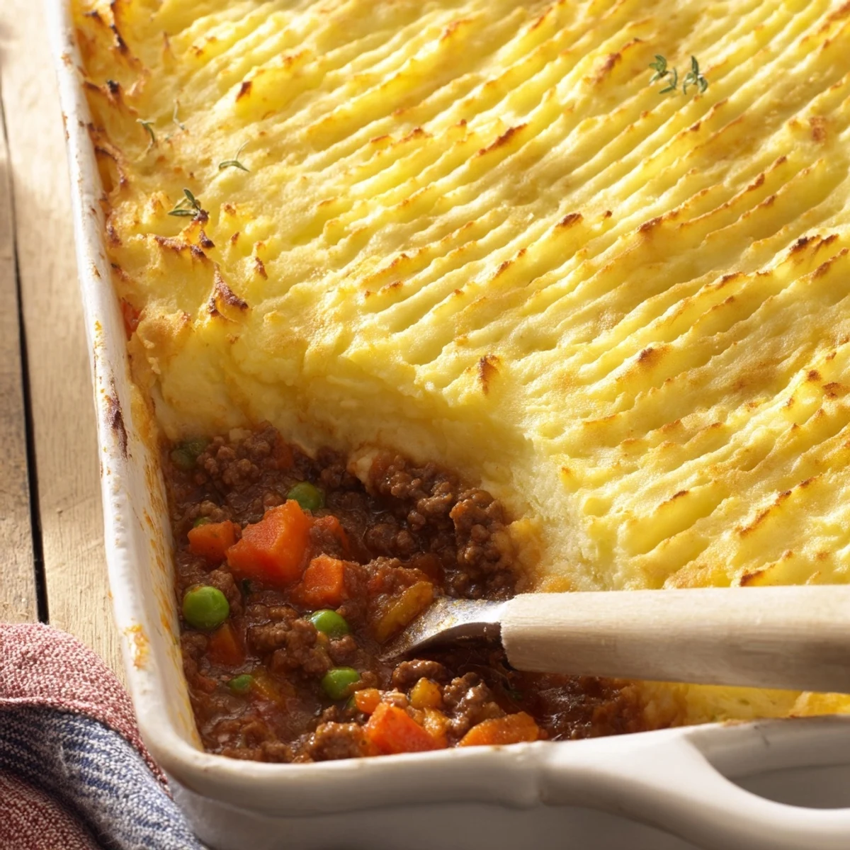 Golden-brown Easy Shepherds Pie with creamy mashed potato peaks and a savory beef filling bubbling at the edges.