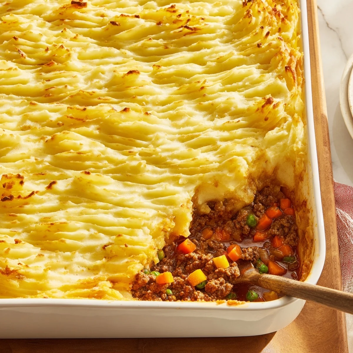Steaming Easy Shepherds Pie served in a rustic baking dish, showing golden ridges on top and hearty vegetables inside.