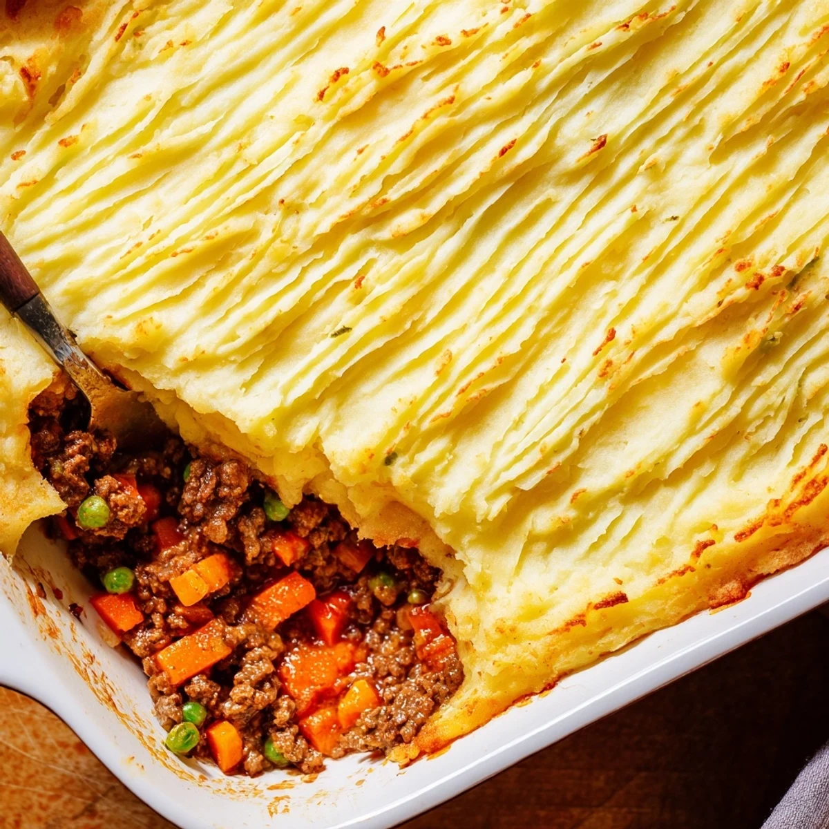 Close-up of Easy Shepherds Pie slice revealing layers of ground beef, peas, carrots, and fluffy mashed potatoes.