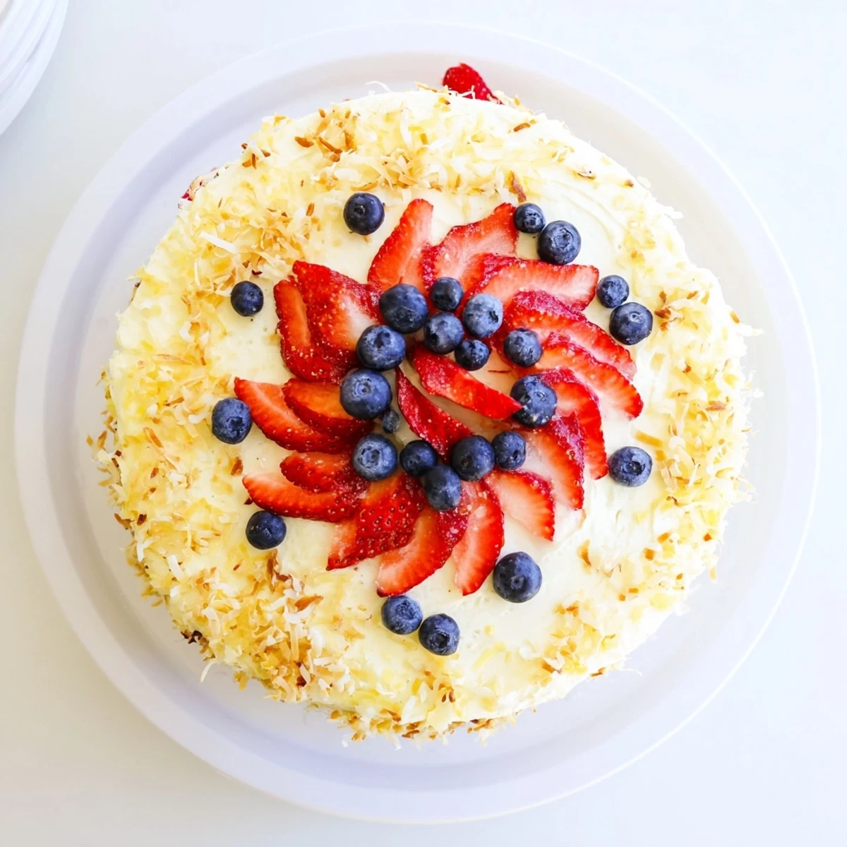 Moist Pineapple Coconut God Bless America Cake layered with cream cheese frosting topped with patriotic strawberries and blueberries on a festive plate.