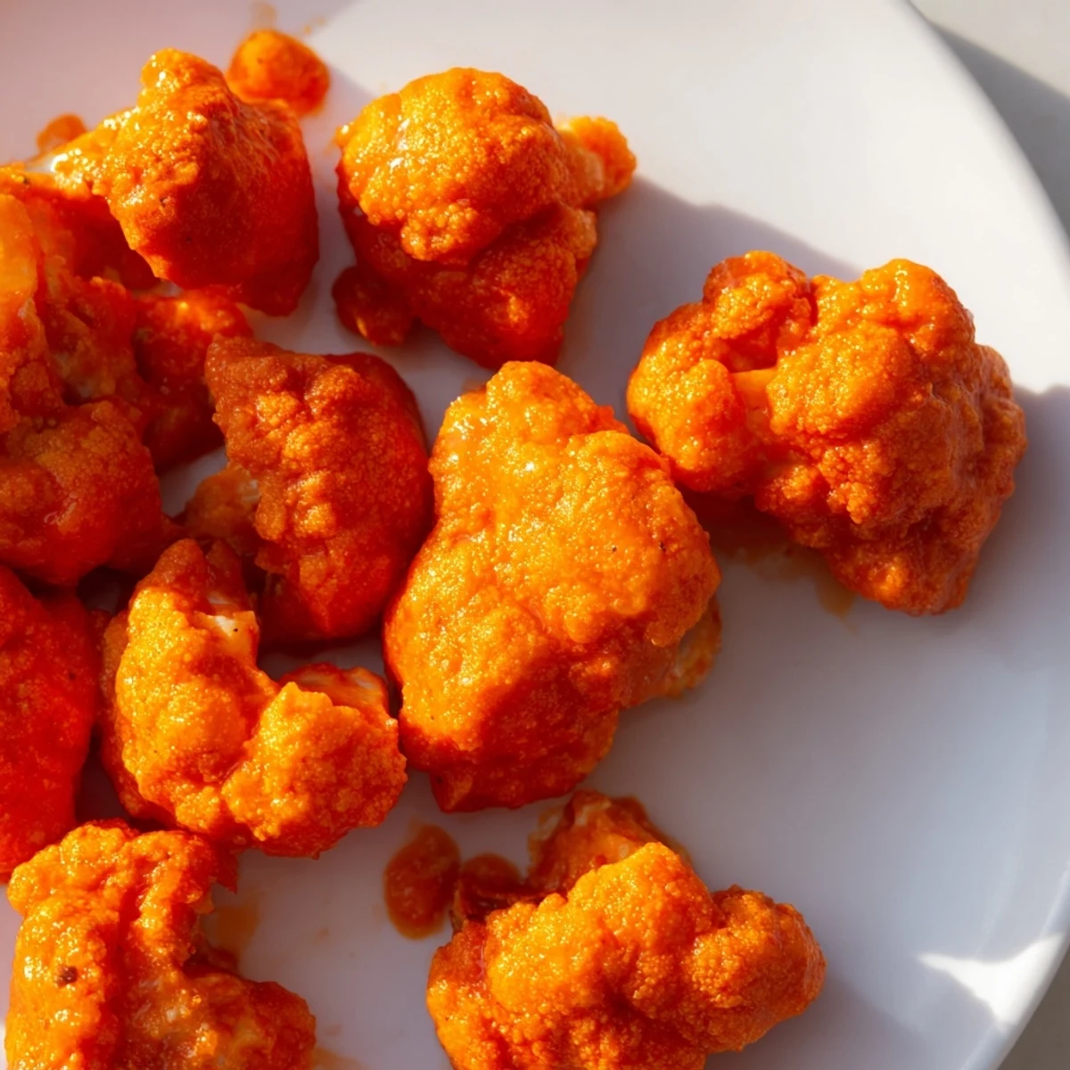 Crispy Air Fryer Buffalo Cauliflower florets glistening with tangy red sauce on a white plate.