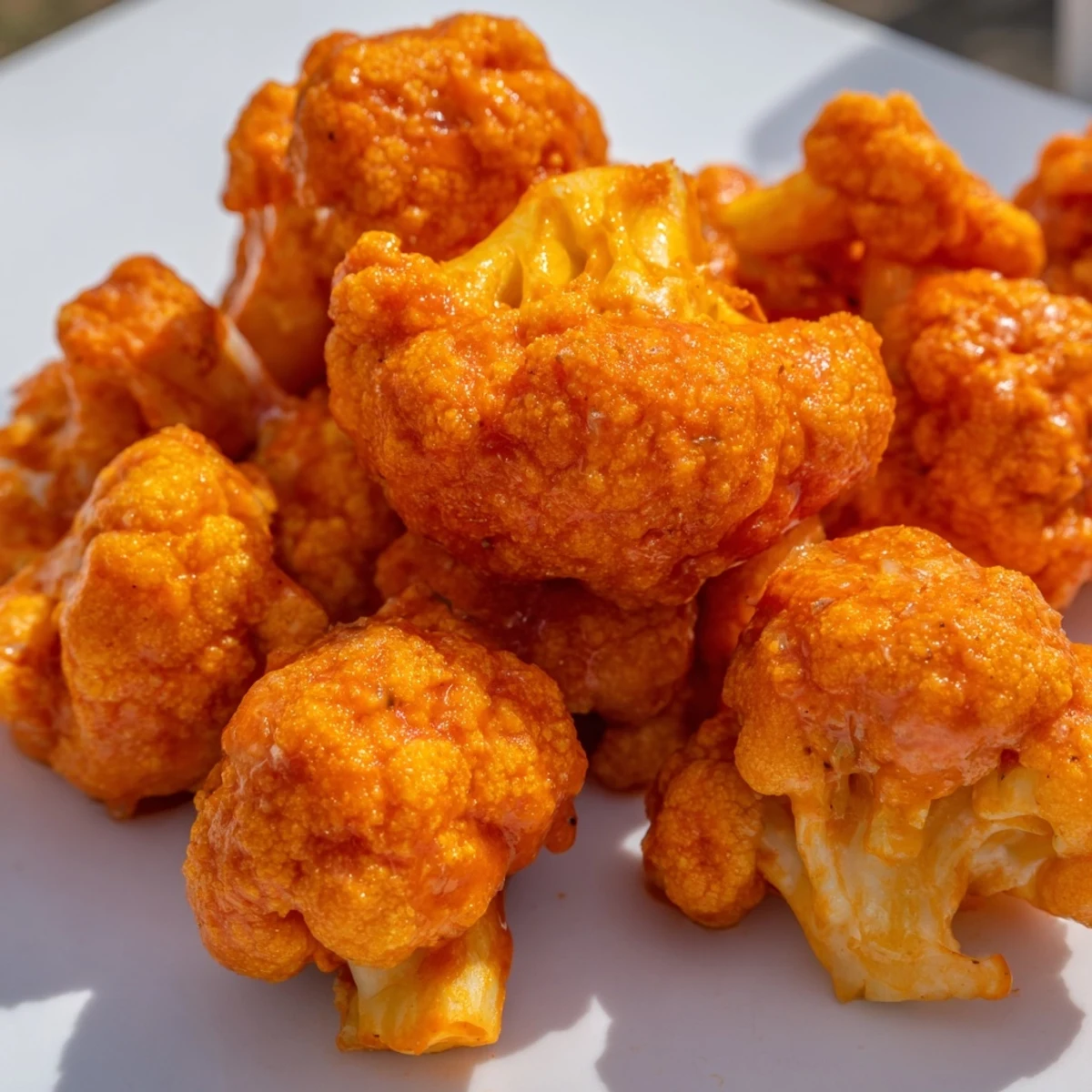 Tossing golden Air Fryer Buffalo Cauliflower in spicy sauce, ready to serve with celery sticks.