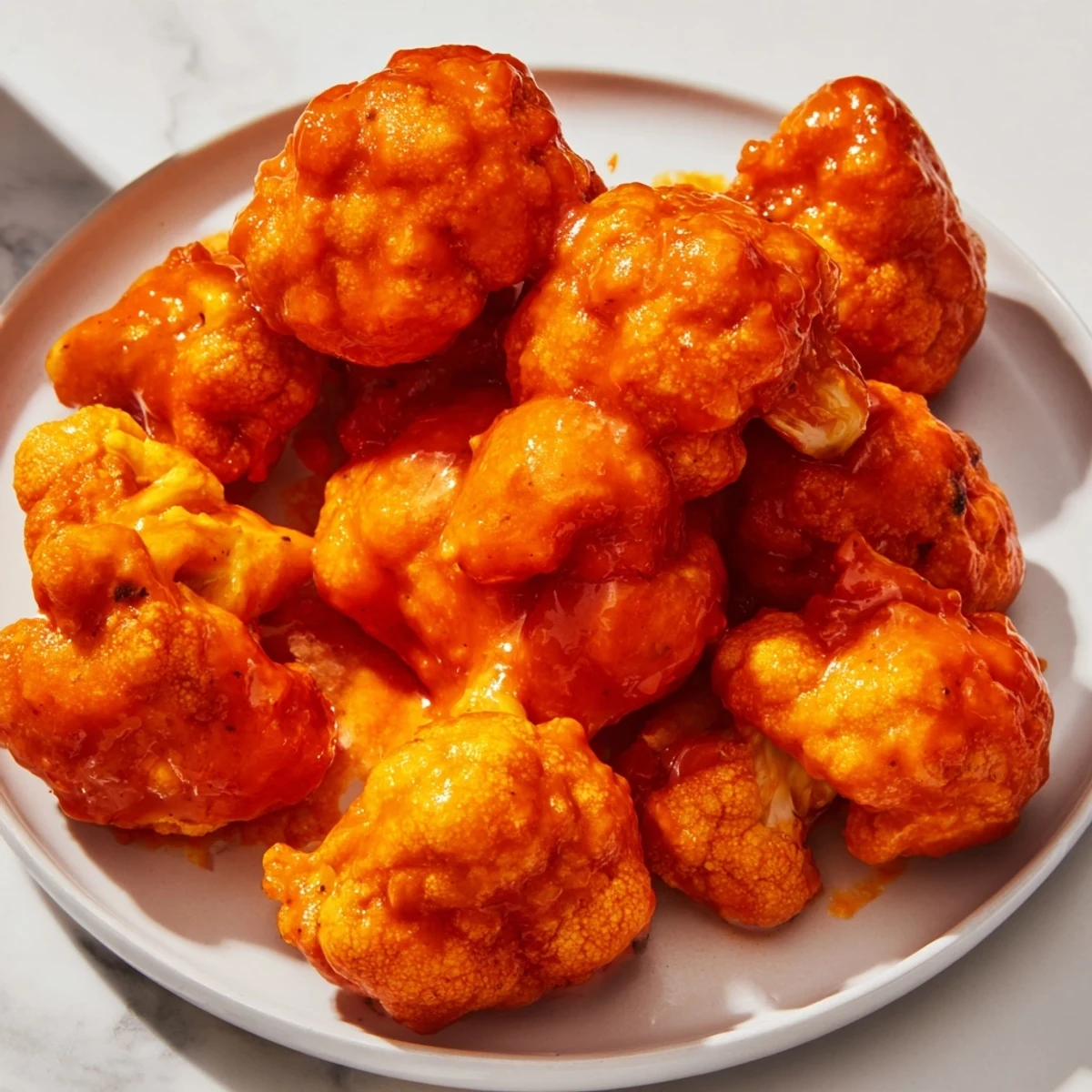 Air Fryer Buffalo Cauliflower bites arranged on a platter with ranch dip for game day.