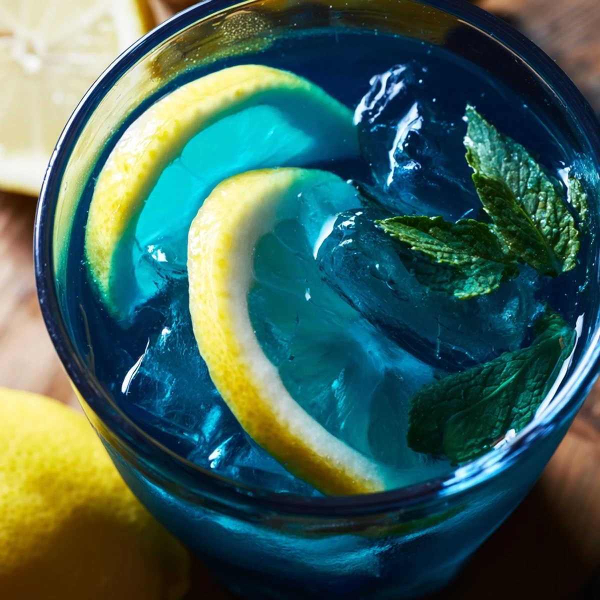 A clear pitcher of vibrant Blue Spirulina Lemonade filled with ice, fresh lemon slices, and mint leaves on a sunny table.