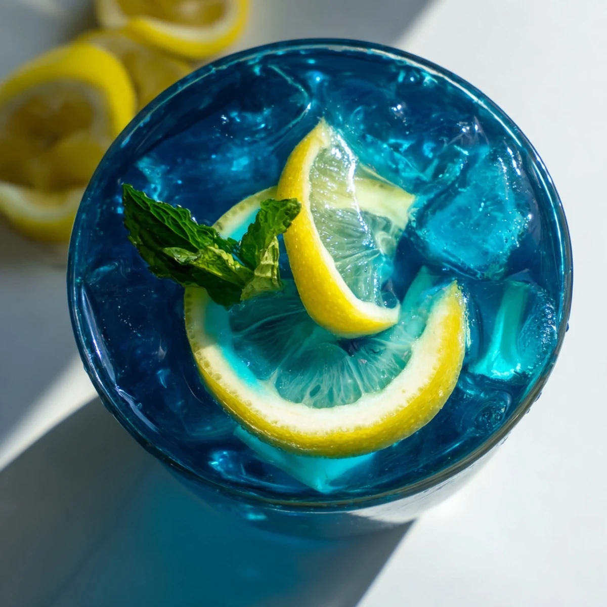 Close-up of Blue Spirulina Lemonade in a glass, showing the vivid blue color with lemon wedges and a sprig of mint.