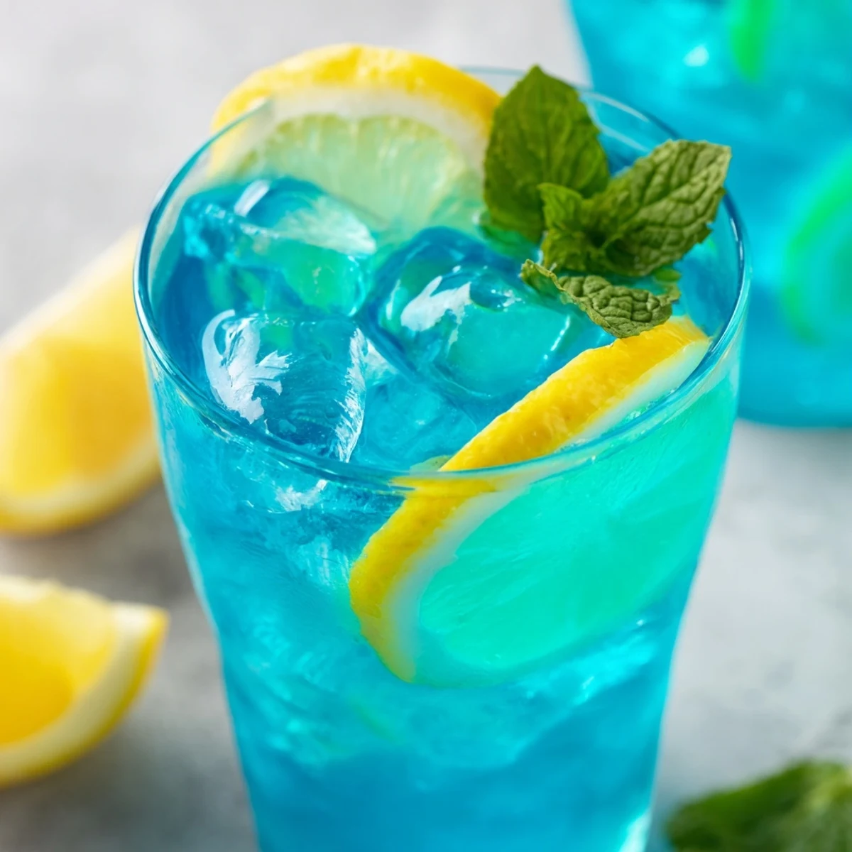 Blue Spirulina Lemonade served over ice in tall glasses with lemon wheels and mint, perfect for a summer gathering.