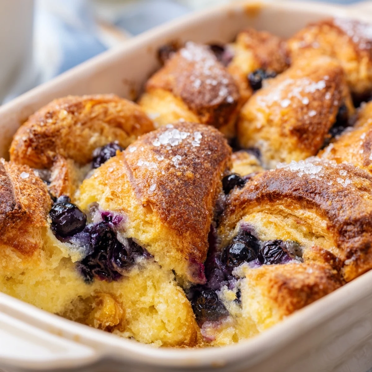 A warm slice of Blueberry Cream Cheese Croissant Casserole reveals layers of flaky pastry and rich cream.