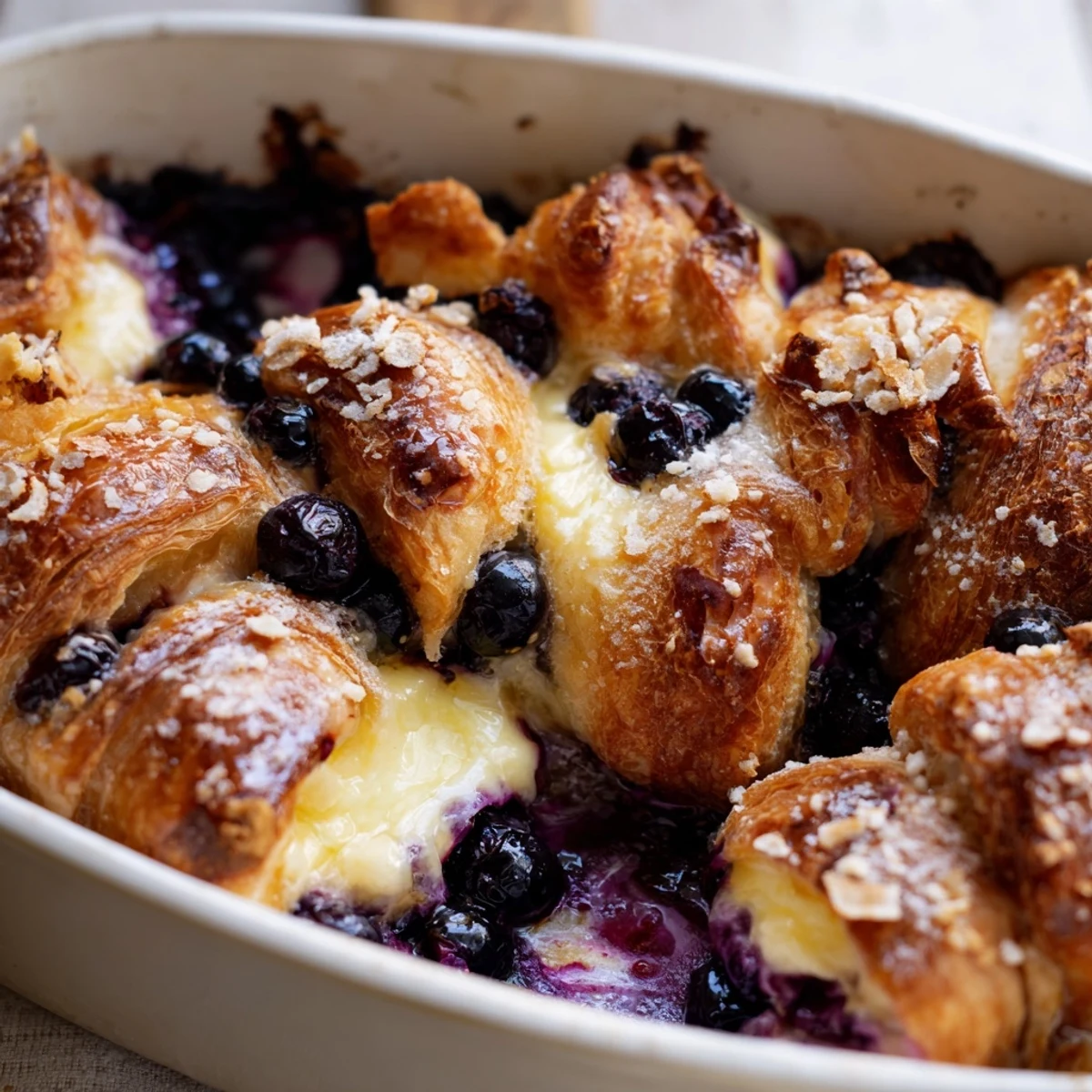 Golden-brown Blueberry Cream Cheese Croissant Casserole fresh from the oven, bubbling with juicy berries.