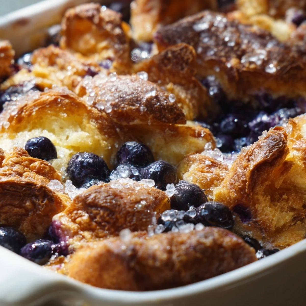 Fork holding a bite of Blueberry Cream Cheese Croissant Casserole drizzled with maple syrup for brunch.
