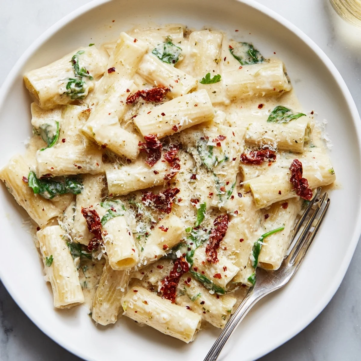Creamy Tuscan Garlic Sauce steaming in a skillet, vibrant spinach and sun-dried tomatoes swirling in rich, velvety Italian sauce.