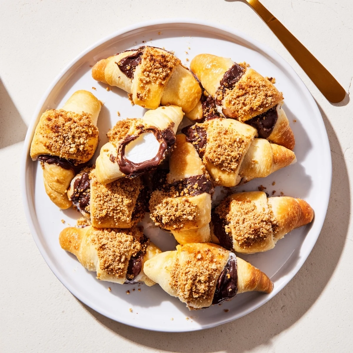 Warm Smores Crescent Rolls on a rustic plate next to a glass of milk, perfect easy dessert for family nights or summer picnics.
