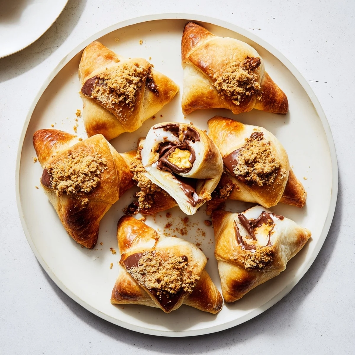 Golden brown Smores Crescent Rolls with melted chocolate and toasted marshmallow spilling from flaky pastry, topped with crunchy graham crumbs on a baking sheet.