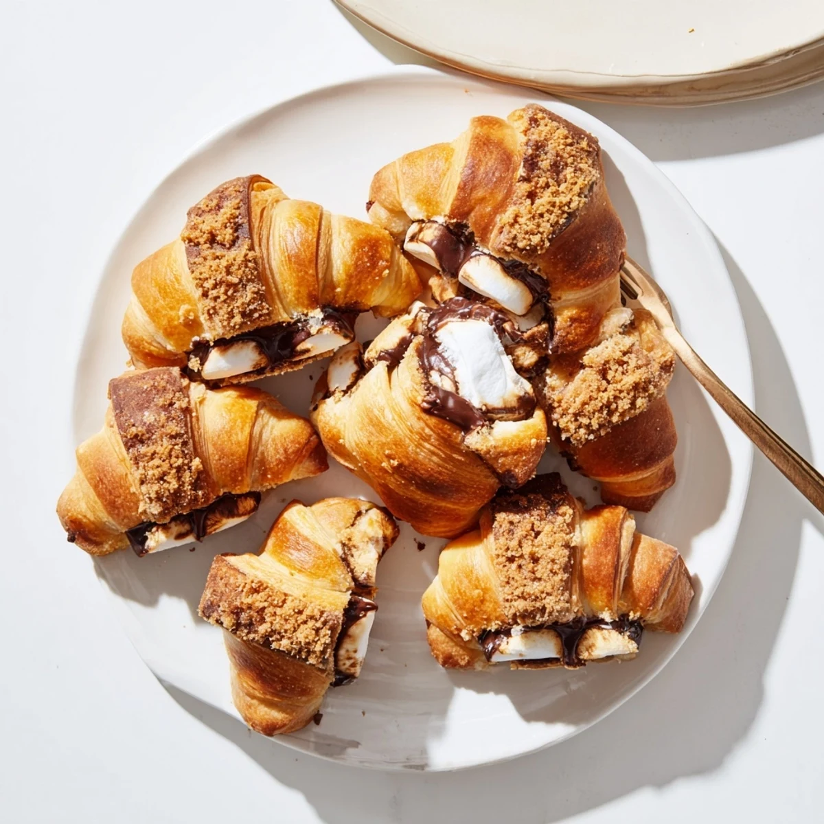 Freshly baked Smores Crescent Rolls displayed on a wooden board, showing gooey filling and buttery crust, ideal for quick American dessert recipes.