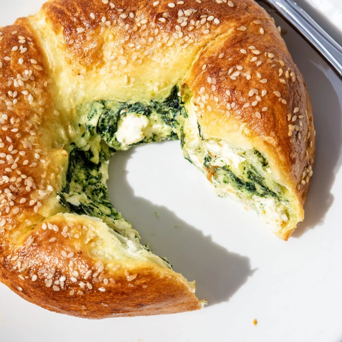 Golden-baked Spinach Cottage Cheese Flagels with visible green flecks, brushed with egg wash and sprinkled with sesame seeds on a rustic wooden board.