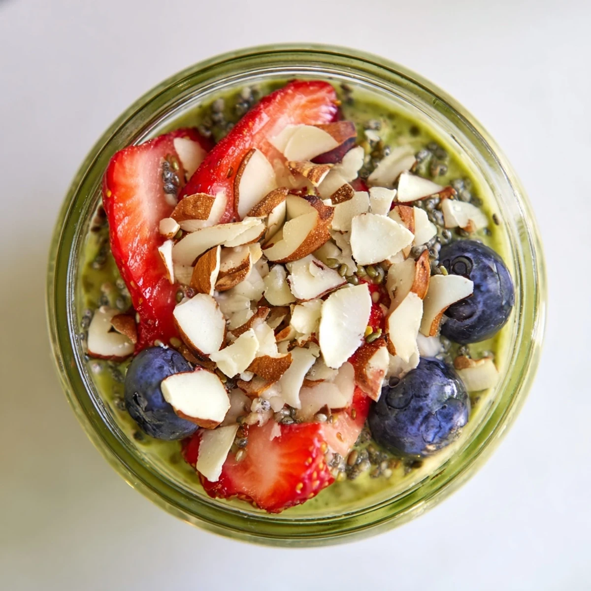 A close-up of Matcha Protein Overnight Oats topped with fresh blueberries and sliced bananas in a clear glass jar.