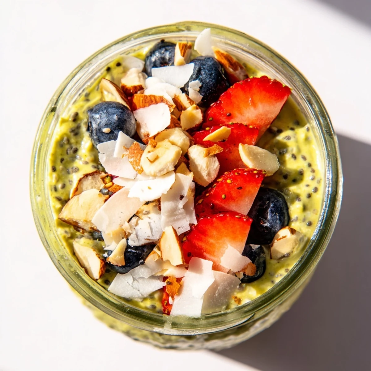 Two servings of Matcha Protein Overnight Oats with a creamy green hue, served in rustic bowls with coconut flakes.