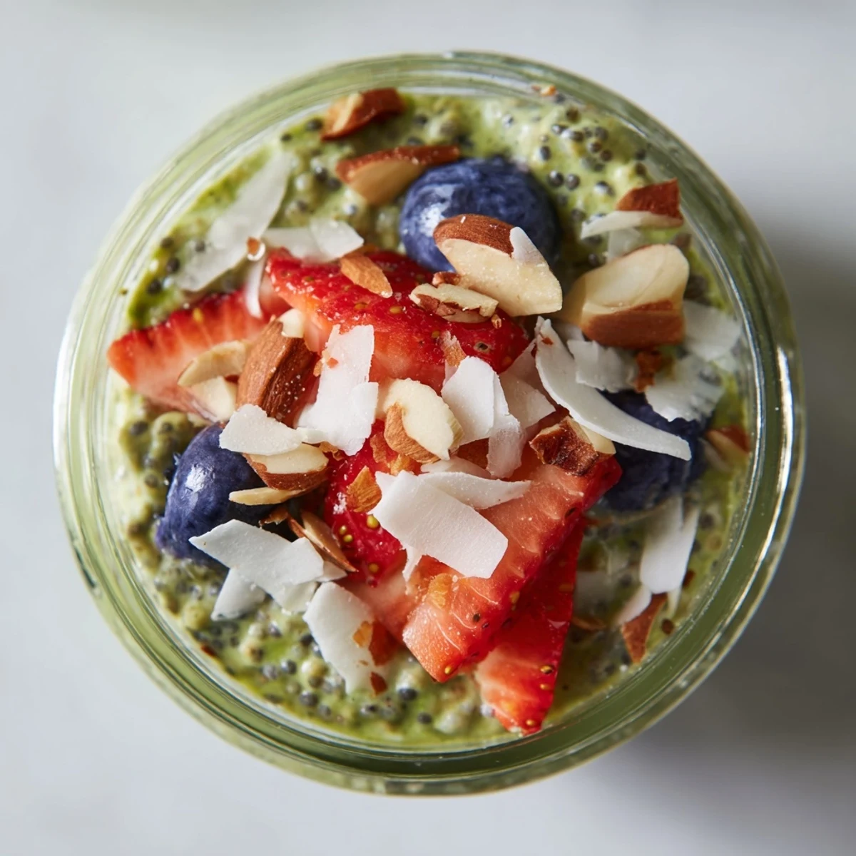 A spoon digging into a jar of Matcha Protein Overnight Oats, revealing layers of oats and vibrant matcha pudding.