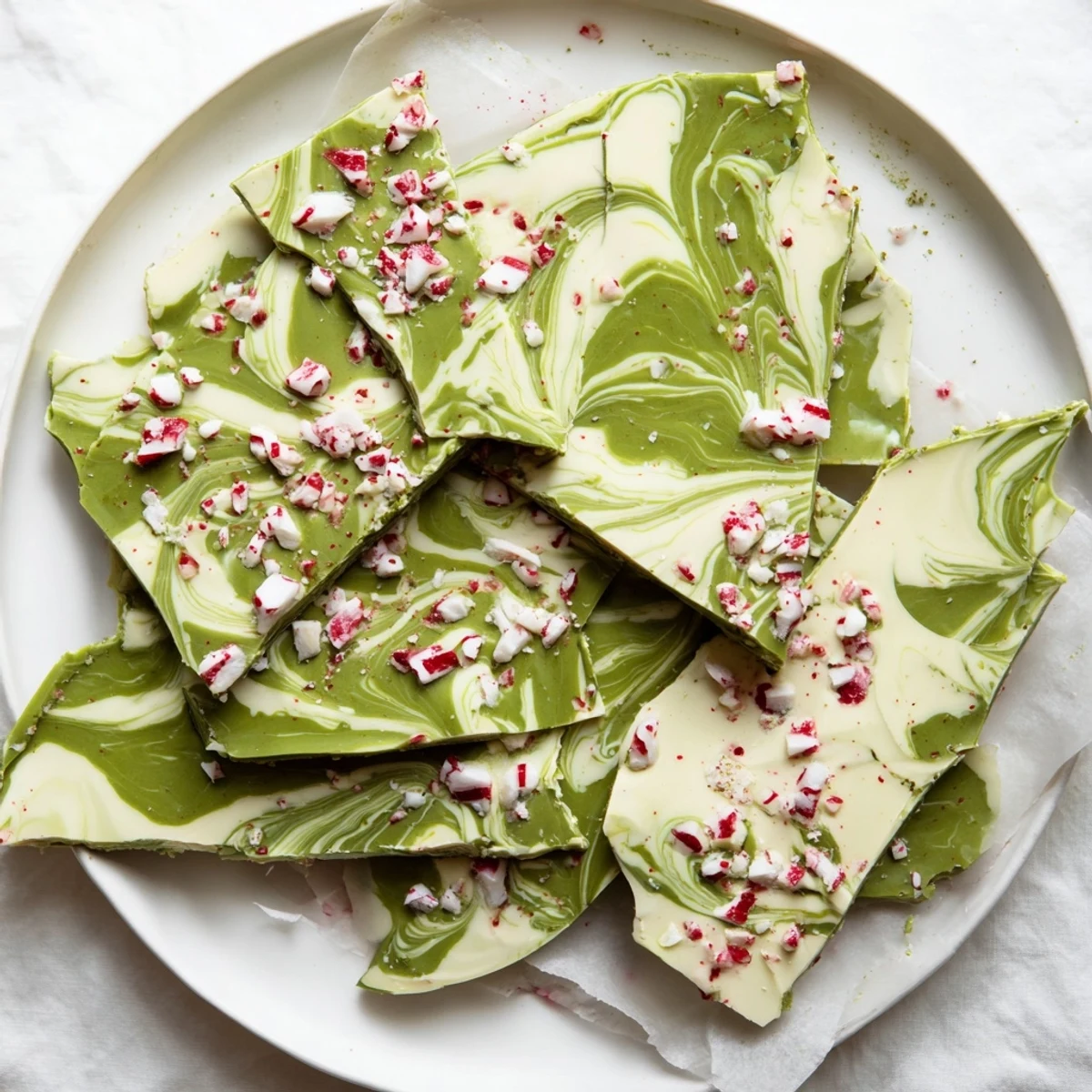 Matcha peppermint bark pieces with green and white marbled patterns, topped with crushed peppermint candies and ready for gifting.