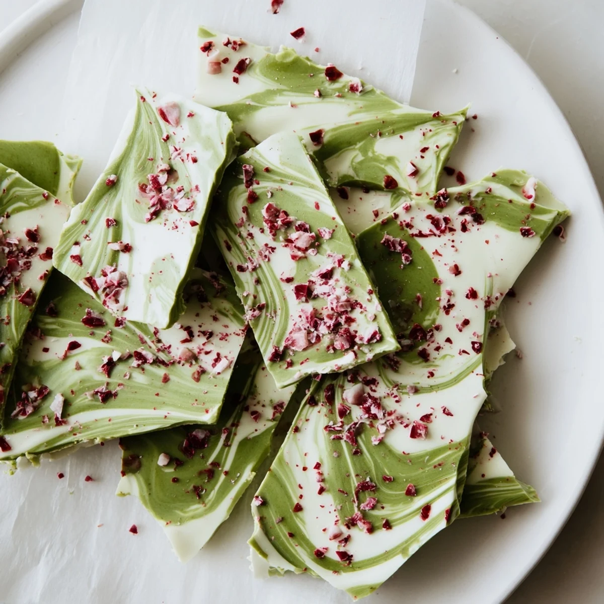 Creamy white chocolate matcha peppermint bark broken into rustic shards on a wooden board, perfect for holiday snacking.