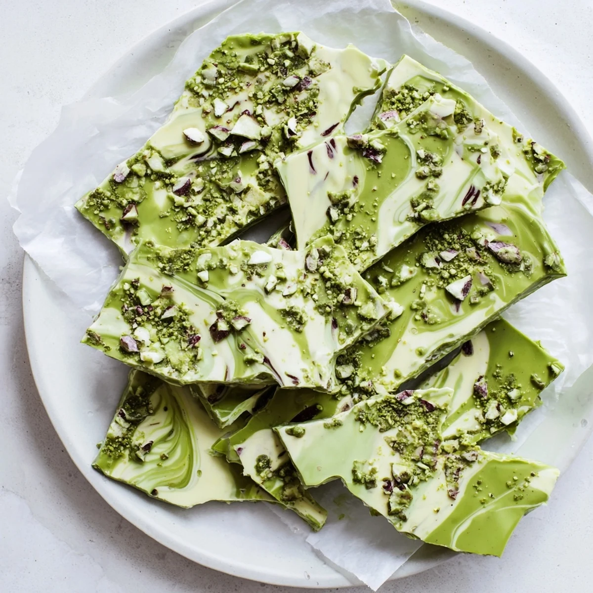 A close-up of glossy matcha peppermint bark with vibrant green swirls and peppermint candy topping, served on a white plate.