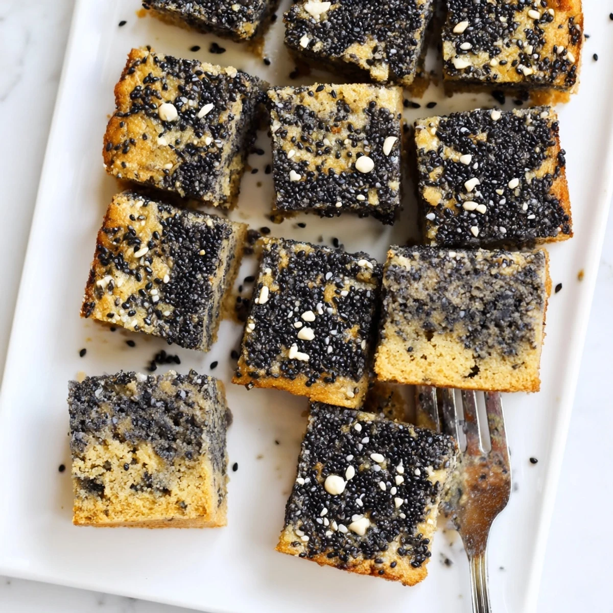 Golden brown squares of Black Sesame Blondies with a buttery texture and nutty aroma.