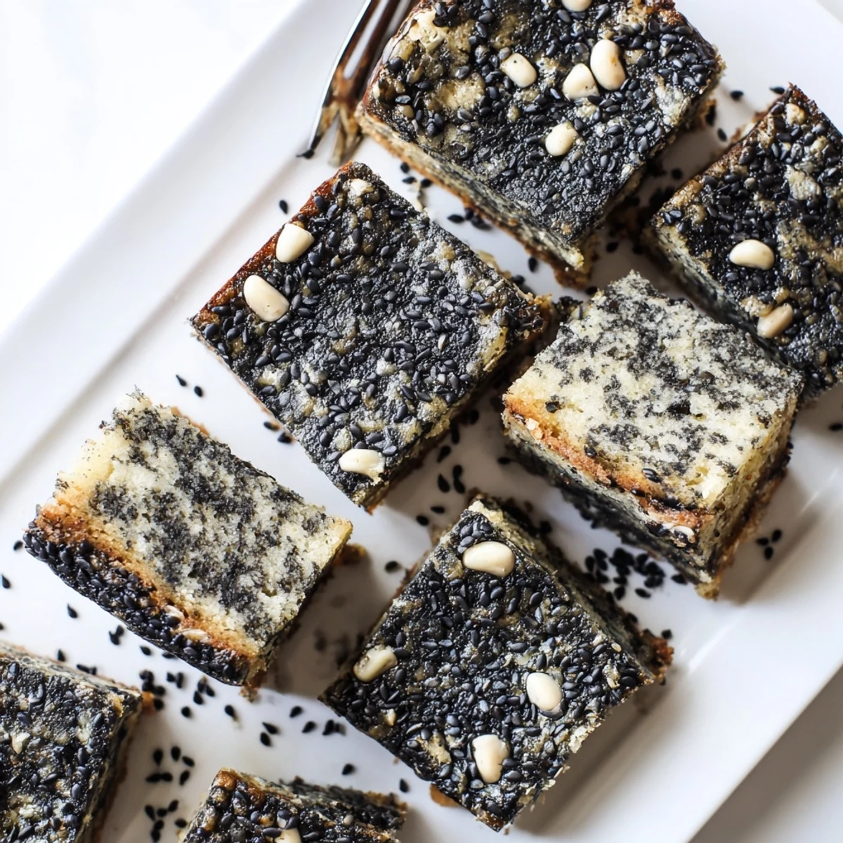 Stack of Black Sesame Blondies with visible sesame flecks, served on a rustic plate.