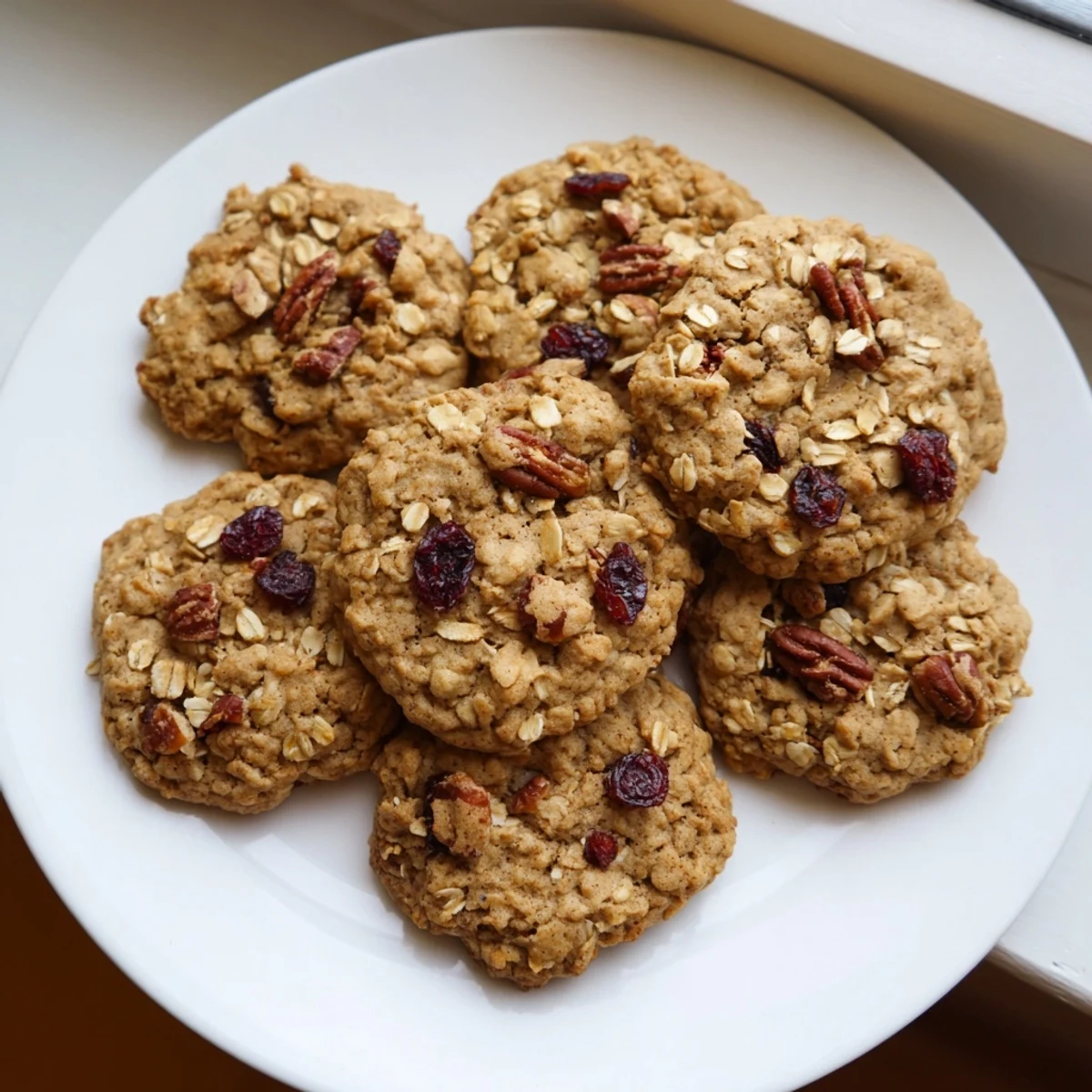 A close-up of a soft Chai Oatmeal Craisin Cookie broken in half, revealing a chewy oat and Craisin texture.