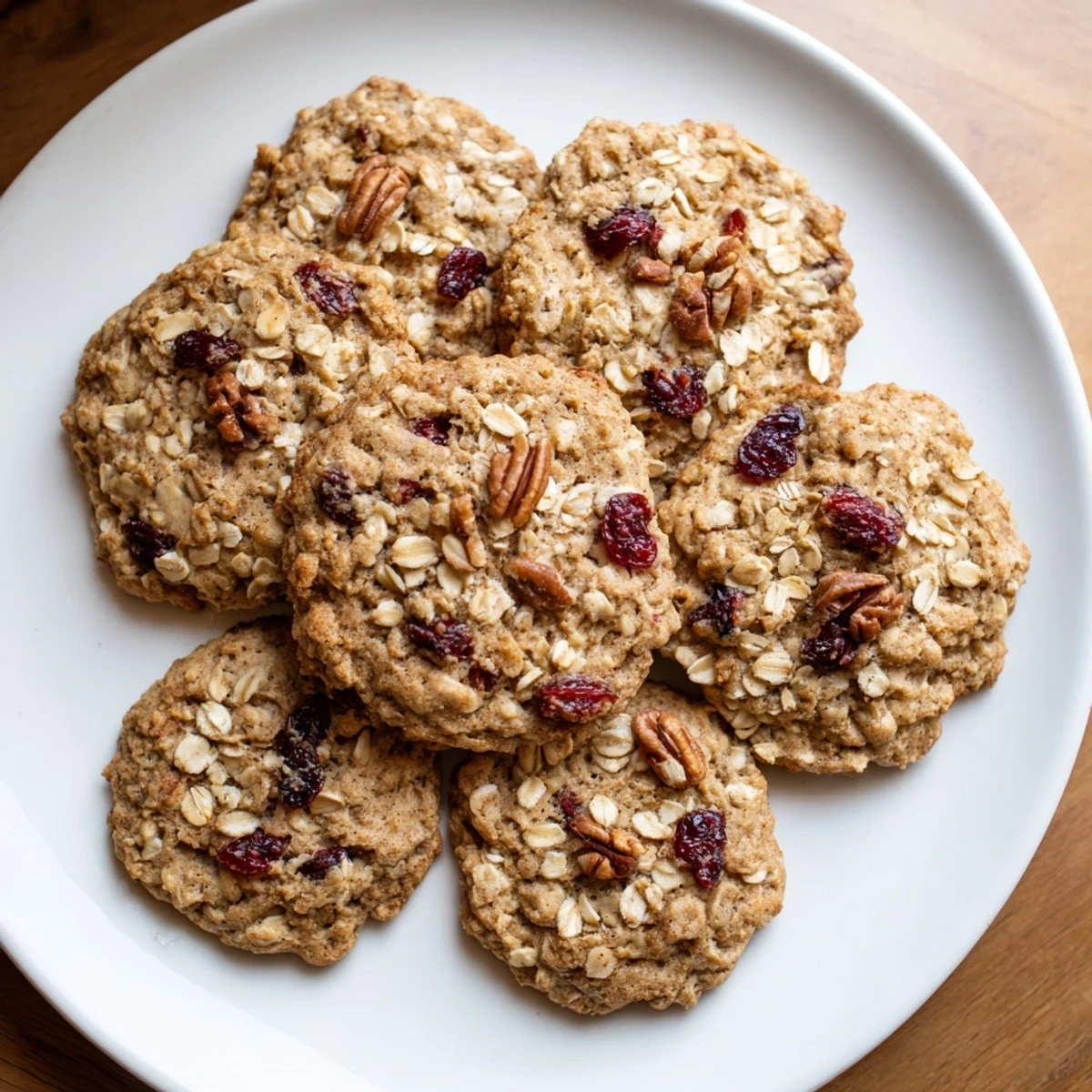 Stack of golden Chai Oatmeal Craisin Cookies on a plate, ready to serve with a glass of cold milk.