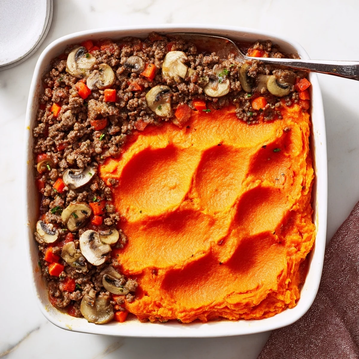 The baked Beef, Tomato & Mushroom Cottage Pie with Sweet Potato features a bubbling filling and golden mashed topping.