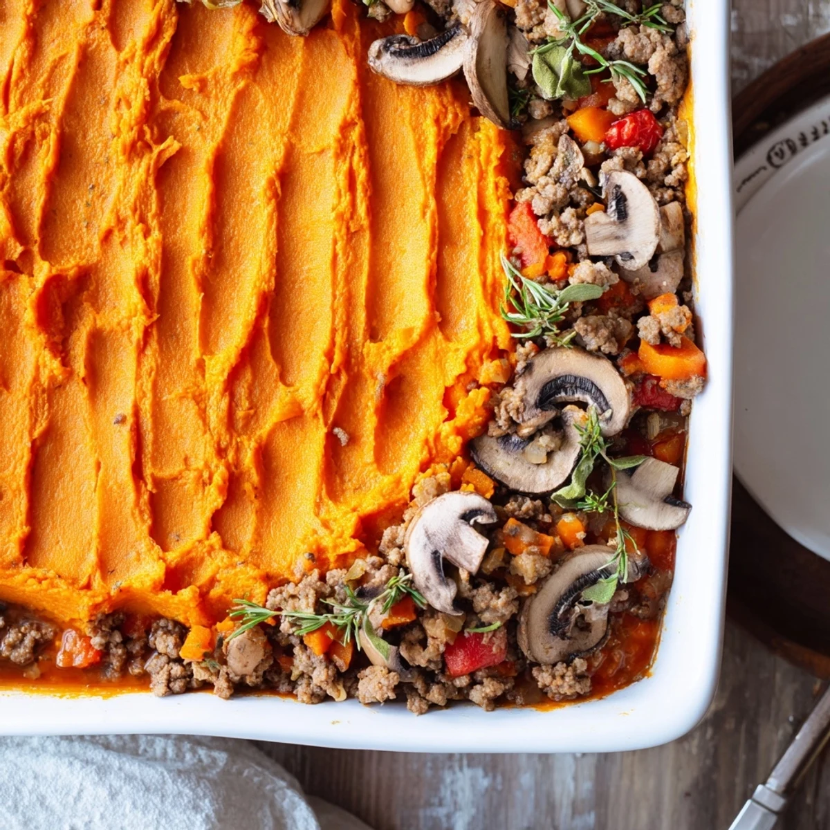 A close-up of Beef, Tomato & Mushroom Cottage Pie with Sweet Potato reveals a rich sauce with visible meat and mushrooms.